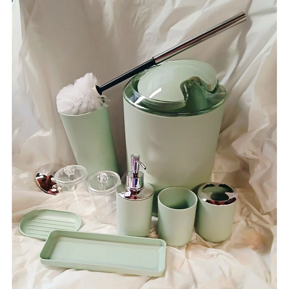 Mint Green Modern Plastic Bathroom Accessory Set 10pc w/ Soap Disp, Brush